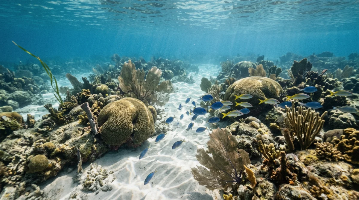 Sunlit coral shallows off Isla Catalina in the dry season, the water conditions behind the best time to visit Catalina Island Dominican Republic