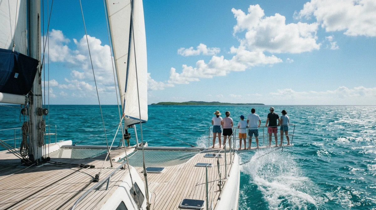 Passengers boarding a catamaran at Bayahibe marina for the crossing to Catalina Island, Dominican Republic