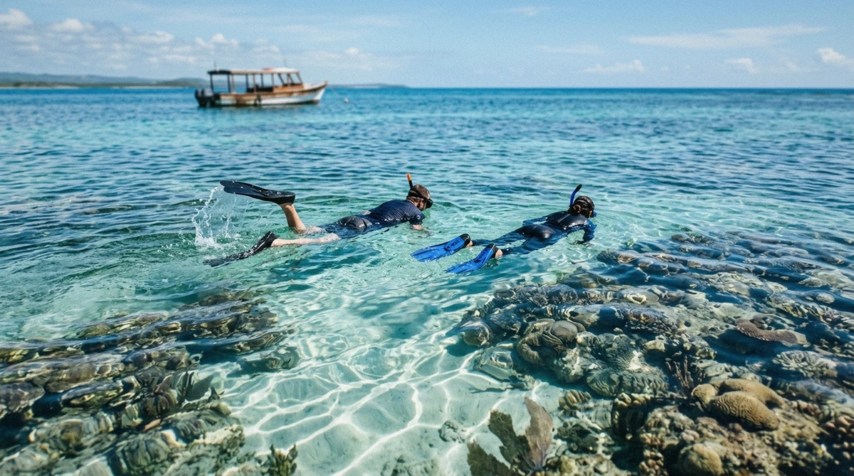 Snorkelers swimming over a shallow coral reef, the view that answers whether a Catalina Island snorkeling trip is worth it