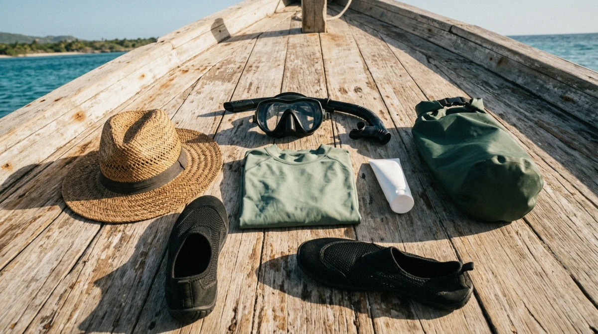 Snorkel mask, reef-safe sunscreen and a dry bag laid out before a Catalina Island snorkeling day trip in the Dominican Republic